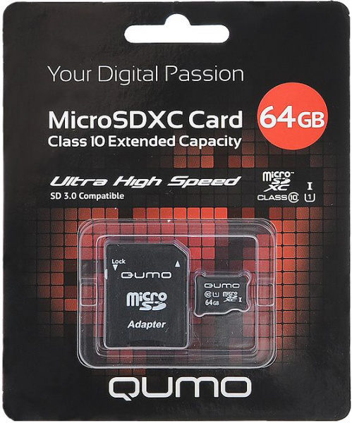 Карта памяти Qumo microSDXC 64GB Class 10 + ADP фото 1