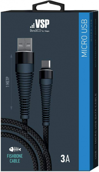 Дата-кабель BoraSCO USB - Micro USB, 3А, 1м, Fishbone, в нейлоновой оплетке, витой, черный фото 2